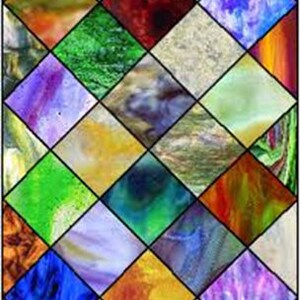 May include: A stained glass window with a diamond pattern. The glass is iridescent and features a variety of colors, including red, green, blue, purple, and yellow.