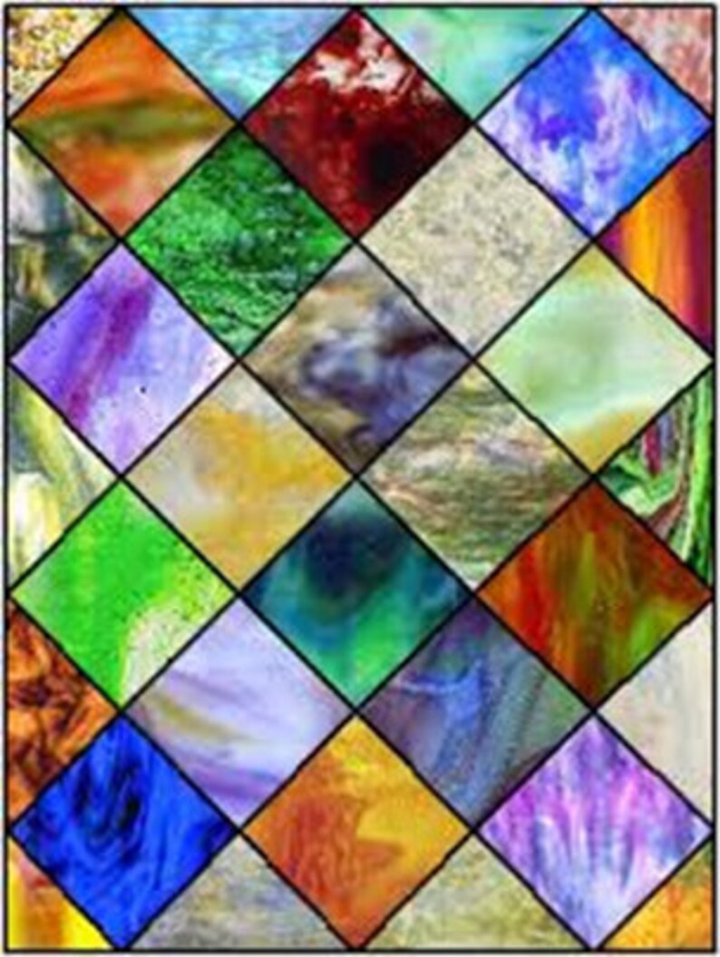 May include: A stained glass window with a diamond pattern. The glass is iridescent and features a variety of colors, including red, green, blue, purple, and yellow.