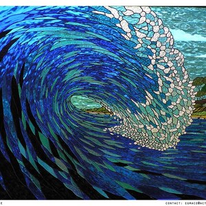 May include: A stained glass artwork depicting a large blue wave crashing over a rocky shore. The wave is made up of many small pieces of glass, creating a mosaic effect. The colors are vibrant and the image is very detailed.