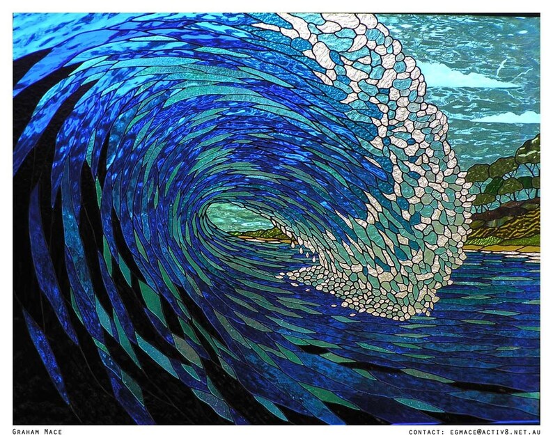 May include: A stained glass artwork depicting a large blue wave crashing over a rocky shore. The wave is made up of many small pieces of glass, creating a mosaic effect. The colors are vibrant and the image is very detailed.