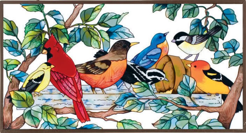 May include: A stained glass window panel featuring a colorful scene of birds perched on a branch. The birds are a cardinal, a robin, a bluebird, a yellow bird, and a black and white bird. The background is a white sky with green leaves.