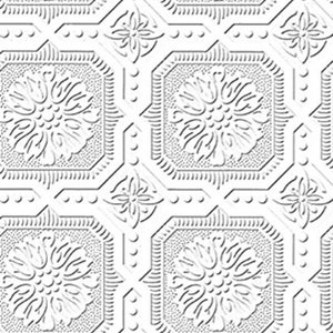 May include: A repeating pattern of embossed white tiles. Each tile features a floral design within a rectangular frame, surrounded by smaller decorative elements. The pattern creates a textured, three-dimensional effect.
