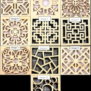 May include: Ten different laser cut wood designs, each with a unique geometric pattern. The designs are arranged in a grid of three rows and three columns. The wood is a light brown colour.