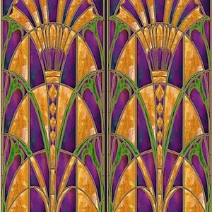 May include: Two panels with a stained glass design. The design features a symmetrical pattern with gold, purple, and green colors. The top portion has a fan-like shape, and the bottom has a floral motif. The panels are framed with a dark border.
