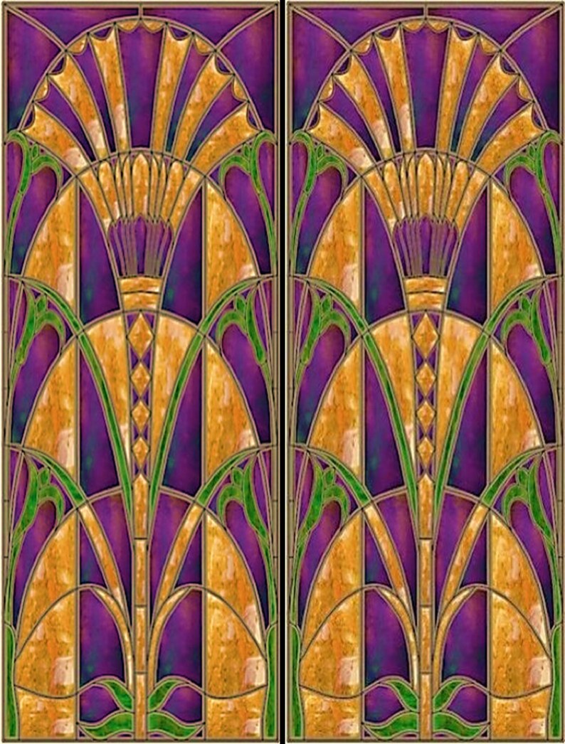 May include: Two panels with a stained glass design. The design features a symmetrical pattern with gold, purple, and green colors. The top portion has a fan-like shape, and the bottom has a floral motif. The panels are framed with a dark border.
