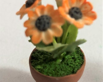 Miniature Fimo Gerbera Flower in Terracotta Pot, 1:12 Scale
