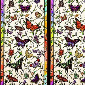 May include: Stained glass panel featuring a vibrant butterfly and floral design. The butterflies are in various colors, including orange, purple, and yellow, set against a cream background with green vines and flowers. The panel has a colorful border.