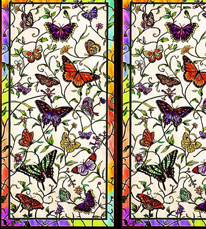 May include: Stained glass panel featuring a vibrant butterfly and floral design. The butterflies are in various colors, including orange, purple, and yellow, set against a cream background with green vines and flowers. The panel has a colorful border.