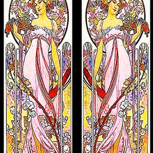 May include: Two vertical panels featuring a woman in a flowing pink dress, holding flowers, in an Art Nouveau style. The artwork has a floral and botanical theme, with a decorative border and a circular design above the woman's head.