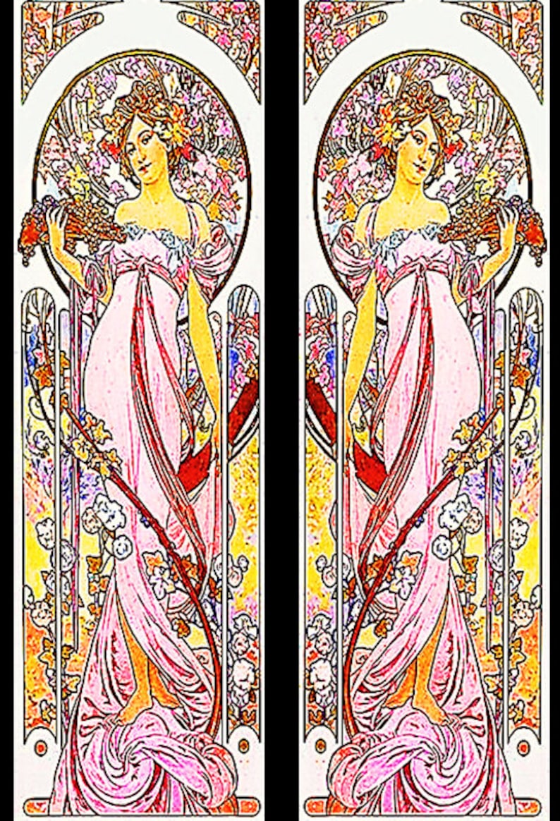 May include: Two vertical panels featuring a woman in a flowing pink dress, holding flowers, in an Art Nouveau style. The artwork has a floral and botanical theme, with a decorative border and a circular design above the woman's head.