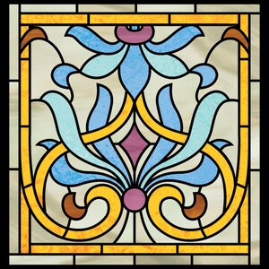 May include: A stained glass window design featuring a stylized floral motif with blue, yellow, and purple accents. The design is framed by a yellow border.