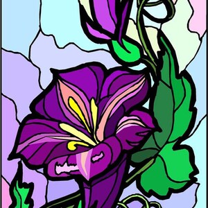 May include: A purple flower with yellow and pink accents, with green leaves and vines, against a stained glass background.