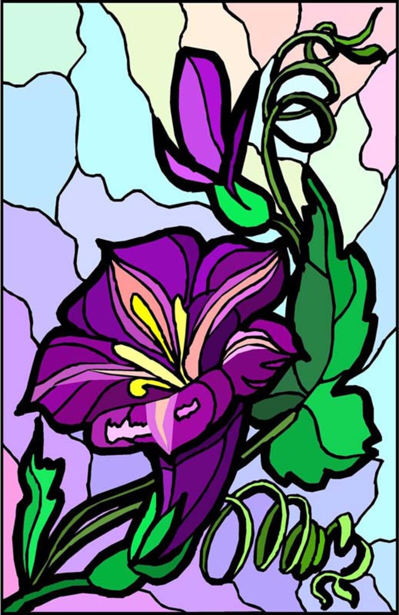 May include: A purple flower with yellow and pink accents, with green leaves and vines, against a stained glass background.