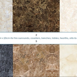 Może przedstawiać: Sześć różnych próbek płytek marmurowych, każda o wymiarach 11 cm x 20 cm. Płytki są ułożone w siatkę. Płytki są w różnych odcieniach brązu, beżu i szarości.