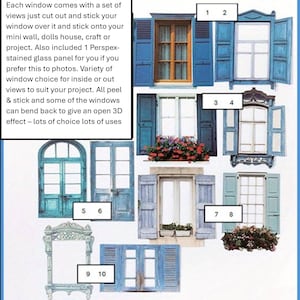 Op de afbeelding: Tien verschillende vensteruitsnijdingen met blauwe frames en verschillende vensterbehandelingen, waaronder luiken, bloembakken en gebogen toppen. Elk venster is genummerd van 1 tot 10.