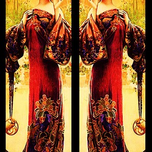 May include: Art Nouveau style illustration of a woman in a long, flowing red dress with ornate floral and peacock feather patterns. The sleeves are large and patterned. The background is a warm, golden hue.