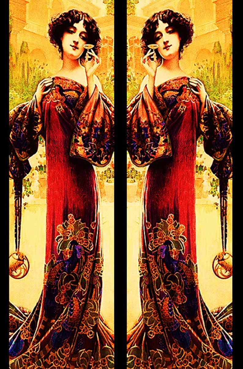 May include: Art Nouveau style illustration of a woman in a long, flowing red dress with ornate floral and peacock feather patterns. The sleeves are large and patterned. The background is a warm, golden hue.