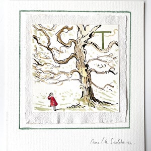 T es para árbol, ilustración original firmada con letras de la A a la Z por Camilla Seddon montada en una tabla de montaje adornada a mano