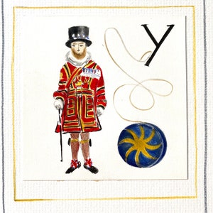 Y wie Yeoman & Yoyo, signierte Original A-Z Buchstaben-Illustration von Camilla Seddon auf handverschönertem Passepartout-Karton