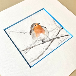 Robin redbreast, original assinado, ilustração de pássaro pela artista Camilla Seddon em cartão de alta qualidade colorido à mão
