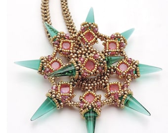 Beading Pattern "Shuriken", Tutorial for a necklace and pendant with Spikes and chatons, beadwork + Freebie. Beaded christmas ornament.