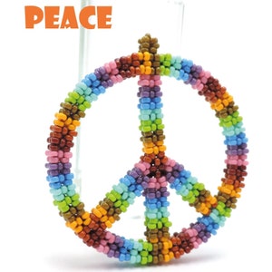 May include: A beaded peace sign in a rainbow of colors, including orange, brown, green, blue, and pink. The word "PEACE" is written in orange block letters above the peace sign. The peace sign is made of small, colorful beads.