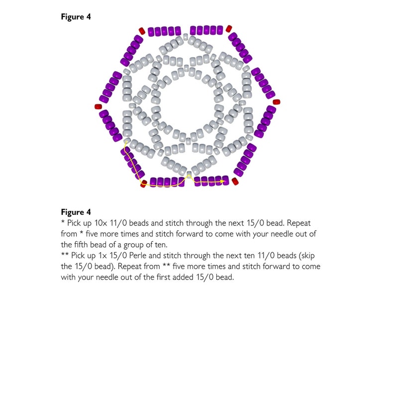May include: A diagram showing how to create a beaded design. The design is a hexagon with a circle in the centre. The beads are purple, red, and white. The text in the image reads "Figure 4" and includes instructions for creating the design.