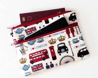 I Love London Double Zip Pouch - Mobile Phone Wallet - Passport Travel Purse