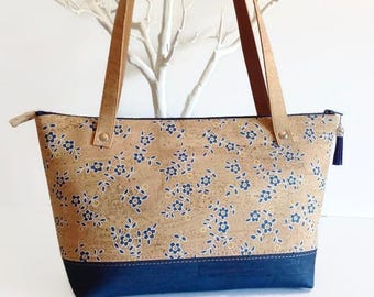 Eco Friendly Cork Bag with Blue Flower Print, Vegan Gift