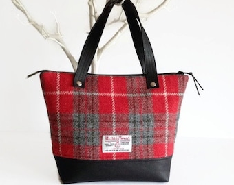 Harris Tweed Bag with Black Cork Accent, Red Tartan Scottish Wool Purse, Mother's Day Gift