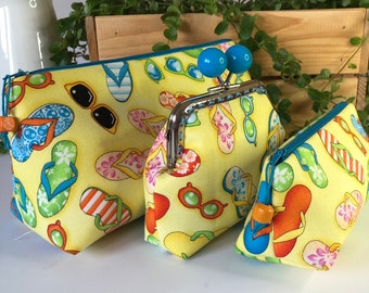 Flip Flops and Sunglasses, Summer Vibes Make up Bags and Coin Purse, Vacation Gift Set