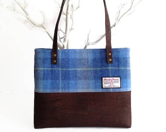 Harris Tweed and Cork Bag - Eco Friendly Bag - Blue Tartan Purse - Scottish Gift