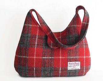 Harris Tweed Bag, Gift for Mom, Red Tartan Handbag, Scottish Wool Purse