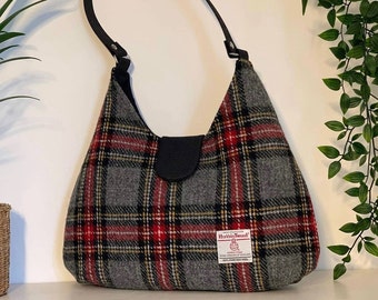 Harris Tweed Bag, Grey Black and Red Tartan, Scottish Wool Purse