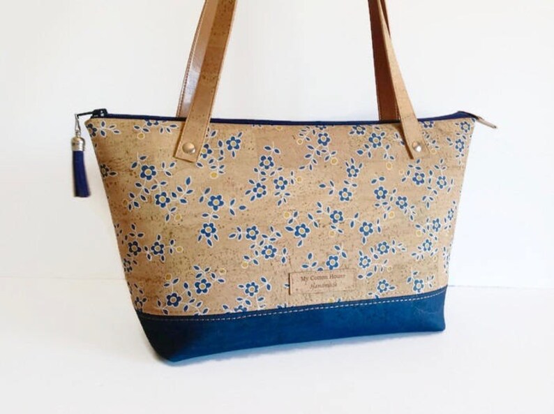Eco Friendly Cork Bag With Blue Flower Print Vegan Gift - Etsy