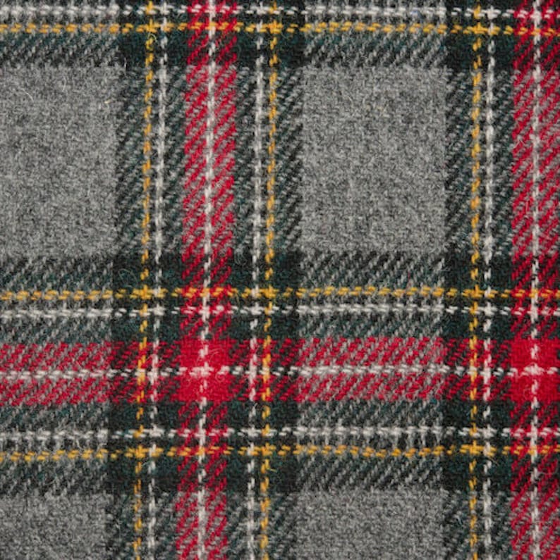 K&ouml;nnte beinhalten: Nahaufnahme eines grauen, roten, gr&uuml;nen und gelben karierten Stoffes. Der Stoff hat eine gewebte Textur und einen dezenten Glanz.