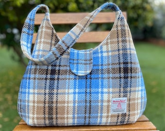 Handgemaakte Harris Tweed-schoudertas, blauwbruine portemonnee met tartanwol, cadeau voor vrouwen, klaar voor verzending