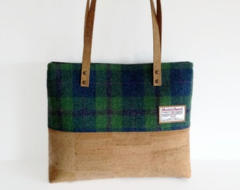 Eco Friendly Cork Bag - Harris Tweed Bag - Scottish Blue and Green Tartan Bag