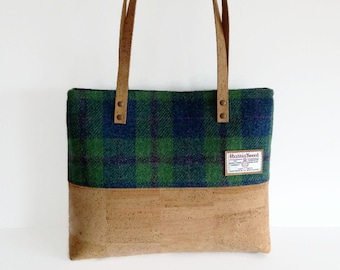 Eco-vriendelijke kurken tas - tas van harristweed - Schotse blauw en groene tartan tas