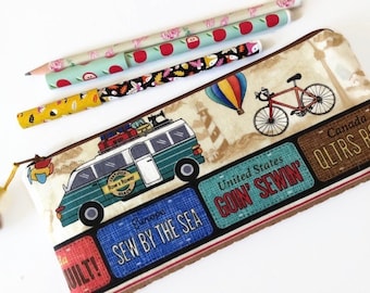 Travel Themed Pencil Marker Pen Brush Accessory Storage Case Pouch, Christmas Gift