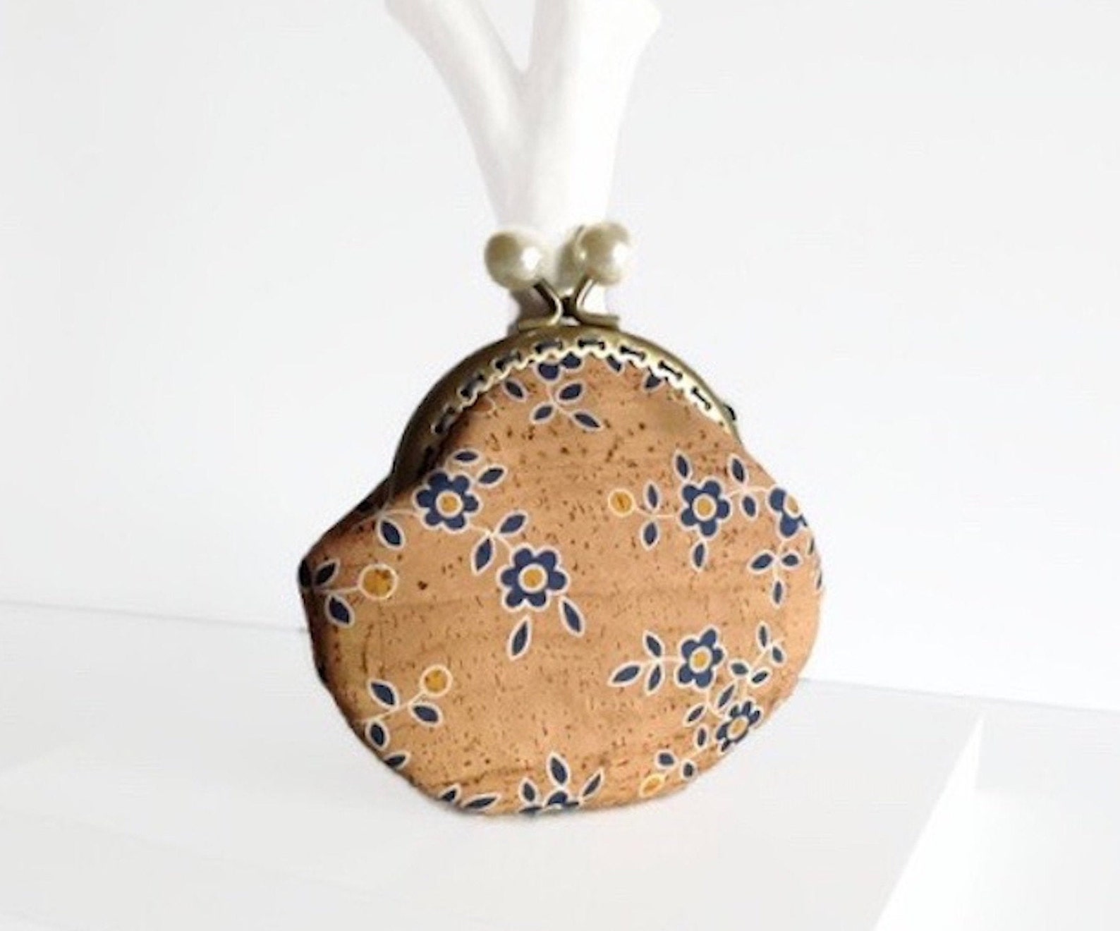 Cork Coin Purse Retro Style Cork Wallet Blue Flower Print Etsy UK