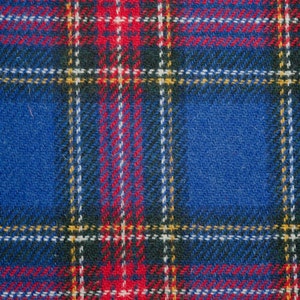 K&ouml;nnte beinhalten: Nahaufnahme eines blauen, roten und gr&uuml;nen karierten Stoffes. Der Stoff hat eine gewebte Textur und einen dezenten Glanz.