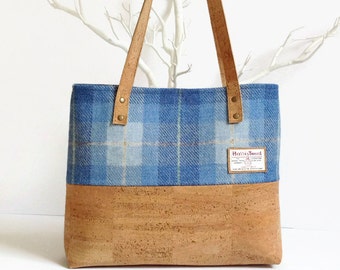 Eco Friendly Cork Bag - Harris Tweed Bag - Scottish Blue Tartan Bag