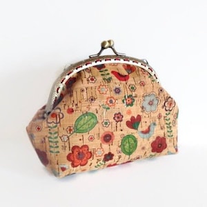 Floral Print Cork Pouch, Metal Frame Purse, Printed Cork, Vegan, Handmade Gift for Women