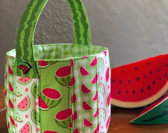 Fabric Storage Basket, Watermelon Print, Crochet Knitting Project Bag, Gift idea