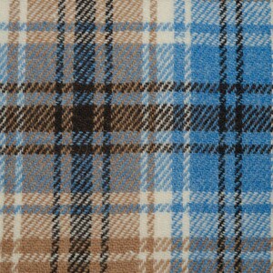 K&ouml;nnte beinhalten: Nahaufnahme eines blauen, braunen und wei&szlig;en karierten Stoffes. Der Stoff hat eine gewebte Textur und ist aus Wolle.