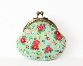 Sage Green Floral Coin Purse, Money Wallet, Kiss Lock Clasp Change Purse, Stocking Filler