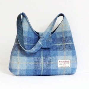Bolso de tweed Harris, bolso de mano de tartán azul, regalo hecho a mano para mujer