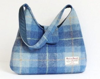 Harris Tweed Bag, Blue Tartan Handbag, Handmade Gift For Women