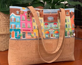 Cork Bag, Town Buildings Print, European City View, Eco Friendly Bag, Ready to Ship